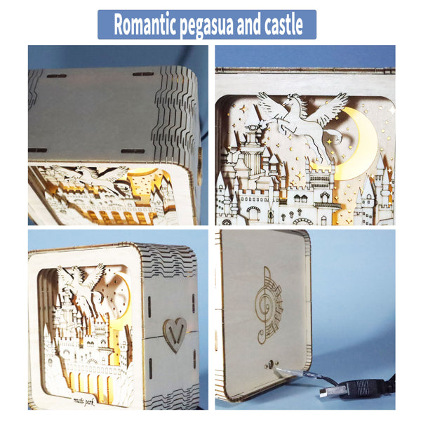 3D Wooden Pegasus Castle Puzzle with Night Light | DIY Model – feature detail view