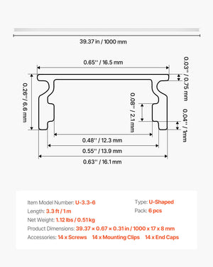 3.3 ft U-Shaped LED Aluminum Channels with Milky Covers, 6-Pack – main product view
