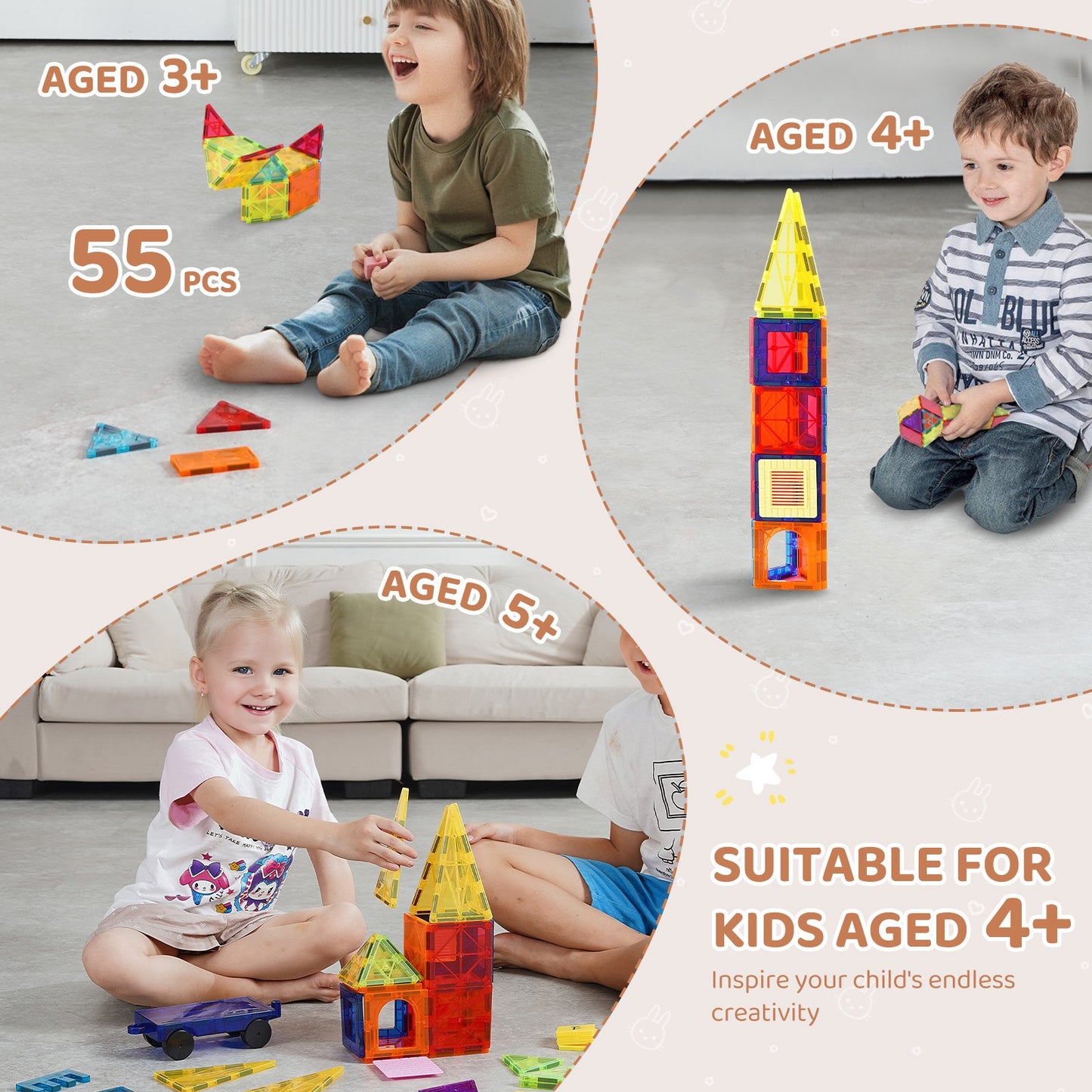 55-Piece Magnetic Tile Building Set – feature detail view
