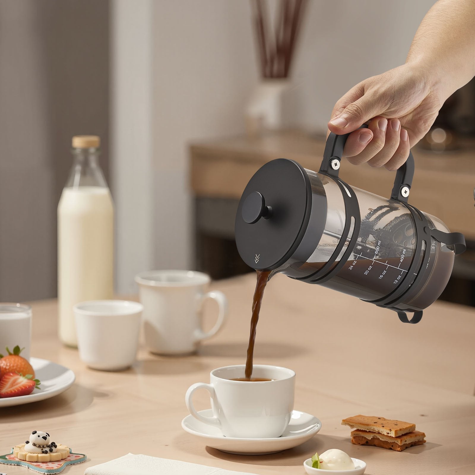 34 oz Borosilicate Glass French Press Coffee Maker, Silver – in-use product view