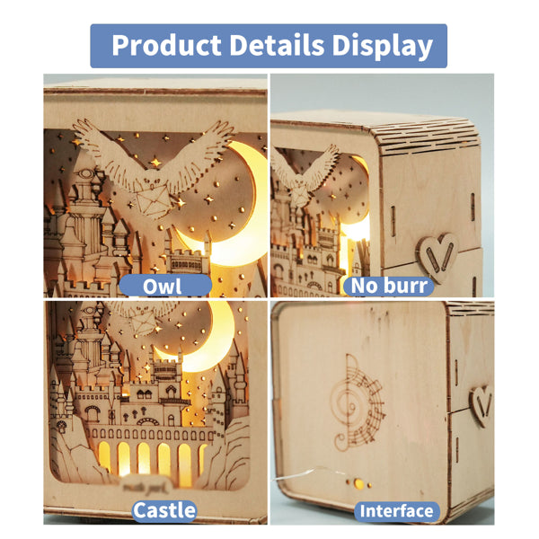 3D Wooden Castle Puzzle Kit with Night Light | DIY Desk Decor – feature detail view