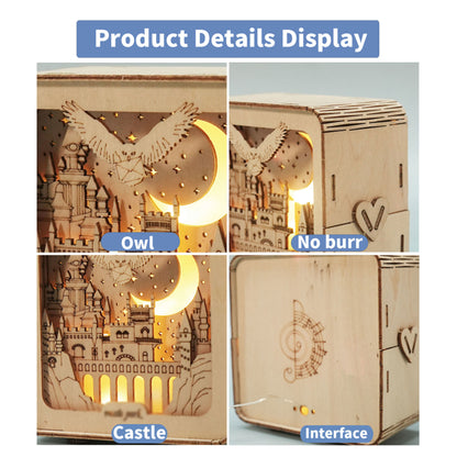 3D Wooden Castle Puzzle Kit with Night Light | DIY Desk Decor – feature detail view