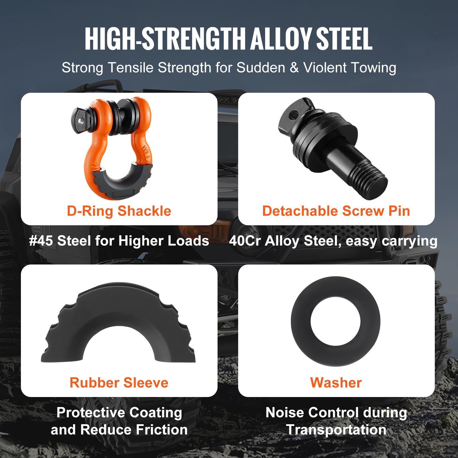 3/4" D-Ring Recovery Shackles 2-Pack, 28.5-Ton Break Strength, Orange – feature and construction details