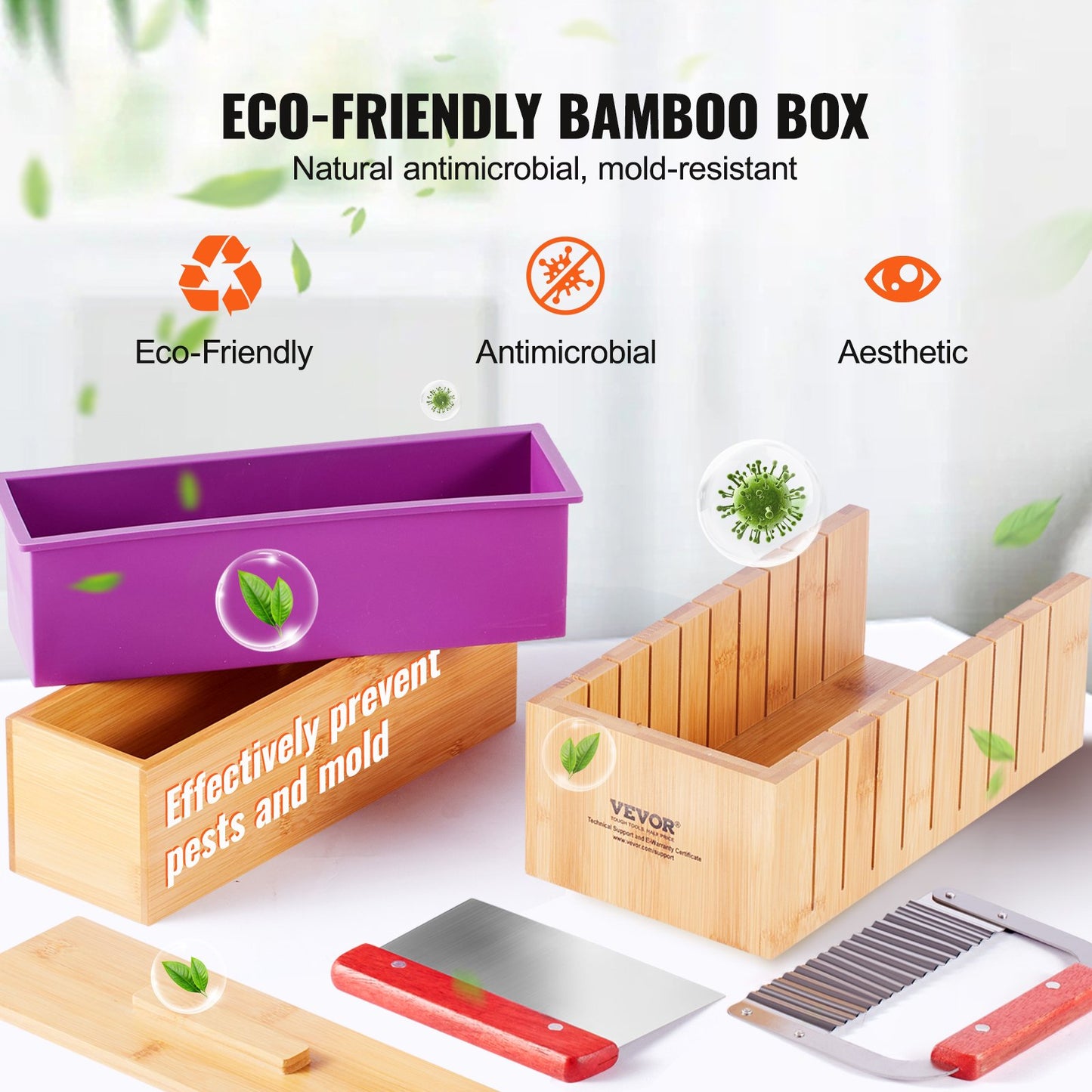 Soap Making Kit with Bamboo Cutting Box, Silicone Mold, Cutters, Bags and Stickers – feature detail view