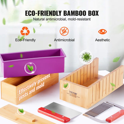 Soap Making Kit with Bamboo Cutting Box, Silicone Mold, Cutters, Bags and Stickers – feature detail view