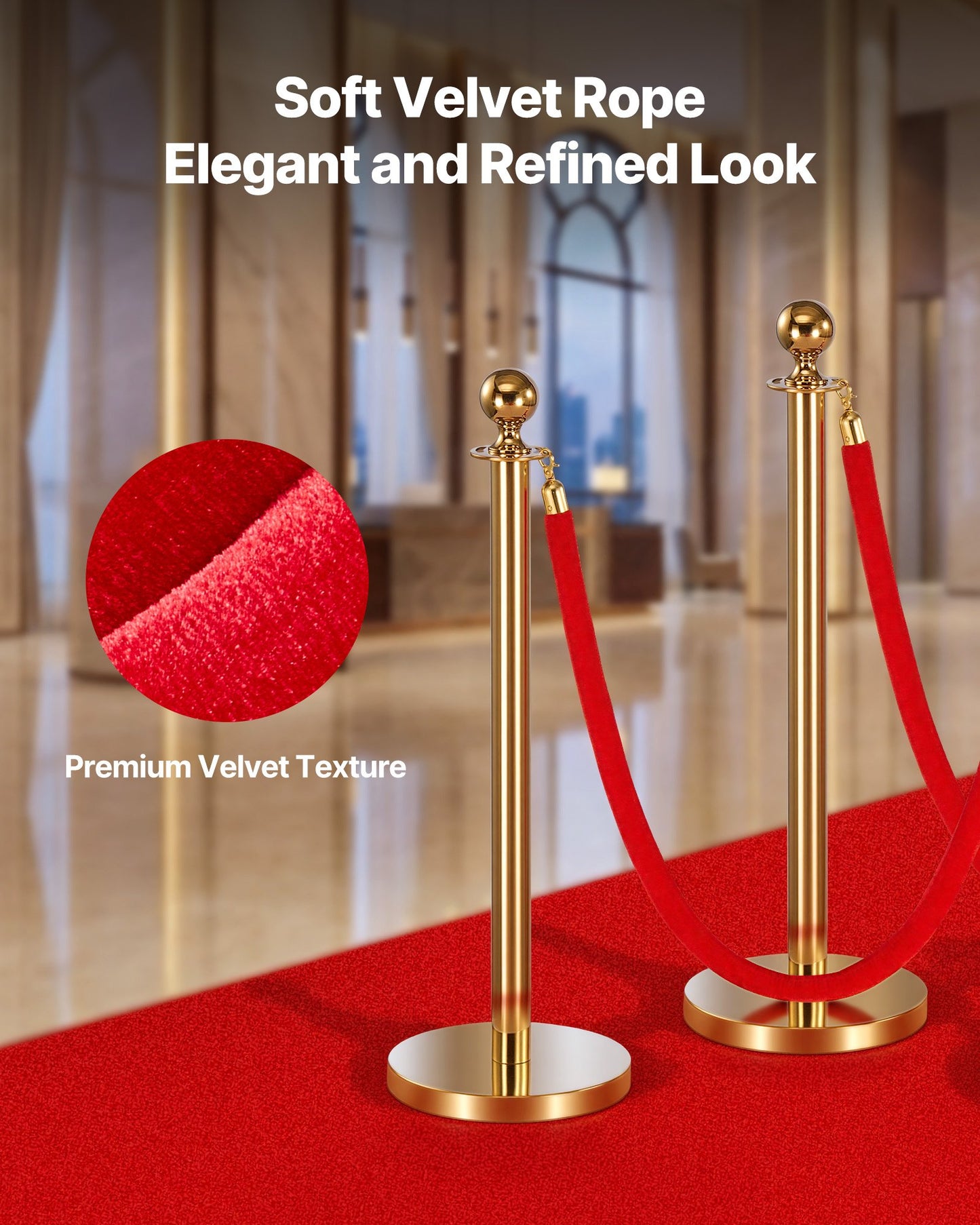 5 ft Red Velvet Stanchion Ropes with Gold Hooks, 4-Pack – alternate product view