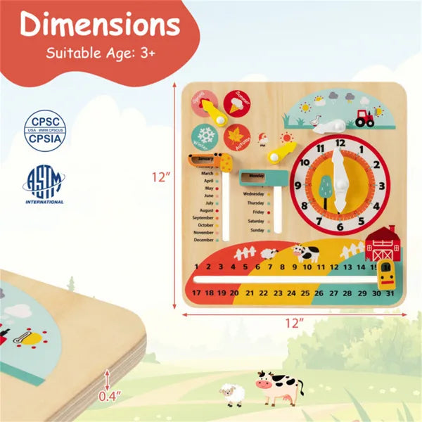 Montessori Wooden Learning Clock | Calendar & Weather Toy 3+ – feature detail view