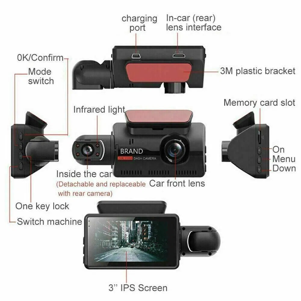 Diagram of a dash camera with labeled parts on a white background