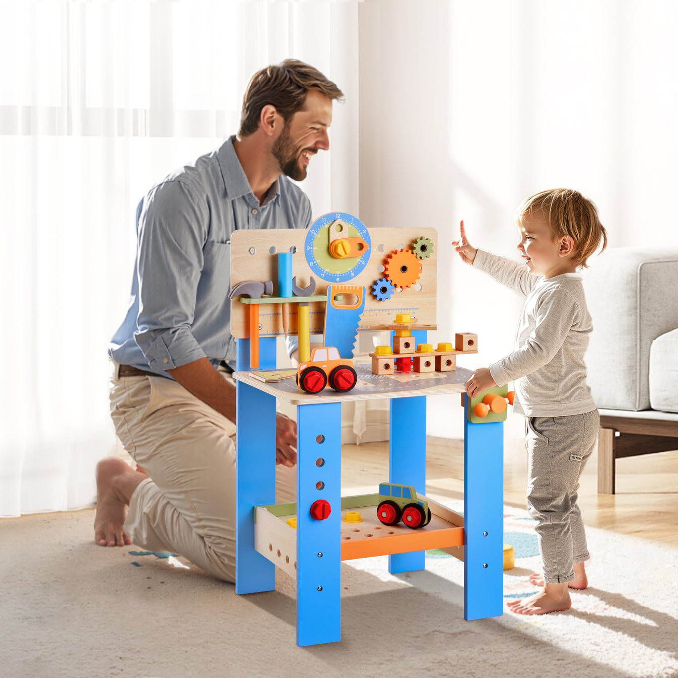 Parent and toddler playing together at the wooden kids workbench