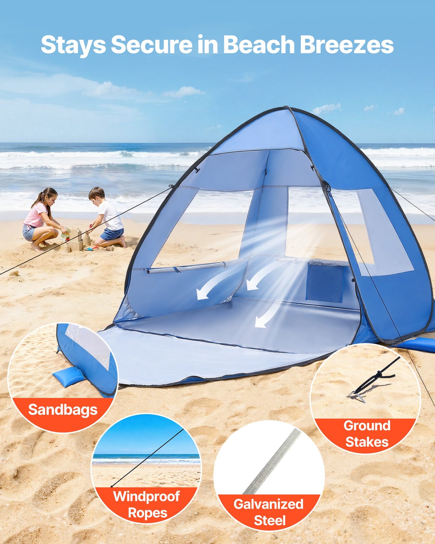 2-Person UPF 50+ Pop-Up Beach Tent with Carry Bag & Sand Pockets – feature detail view