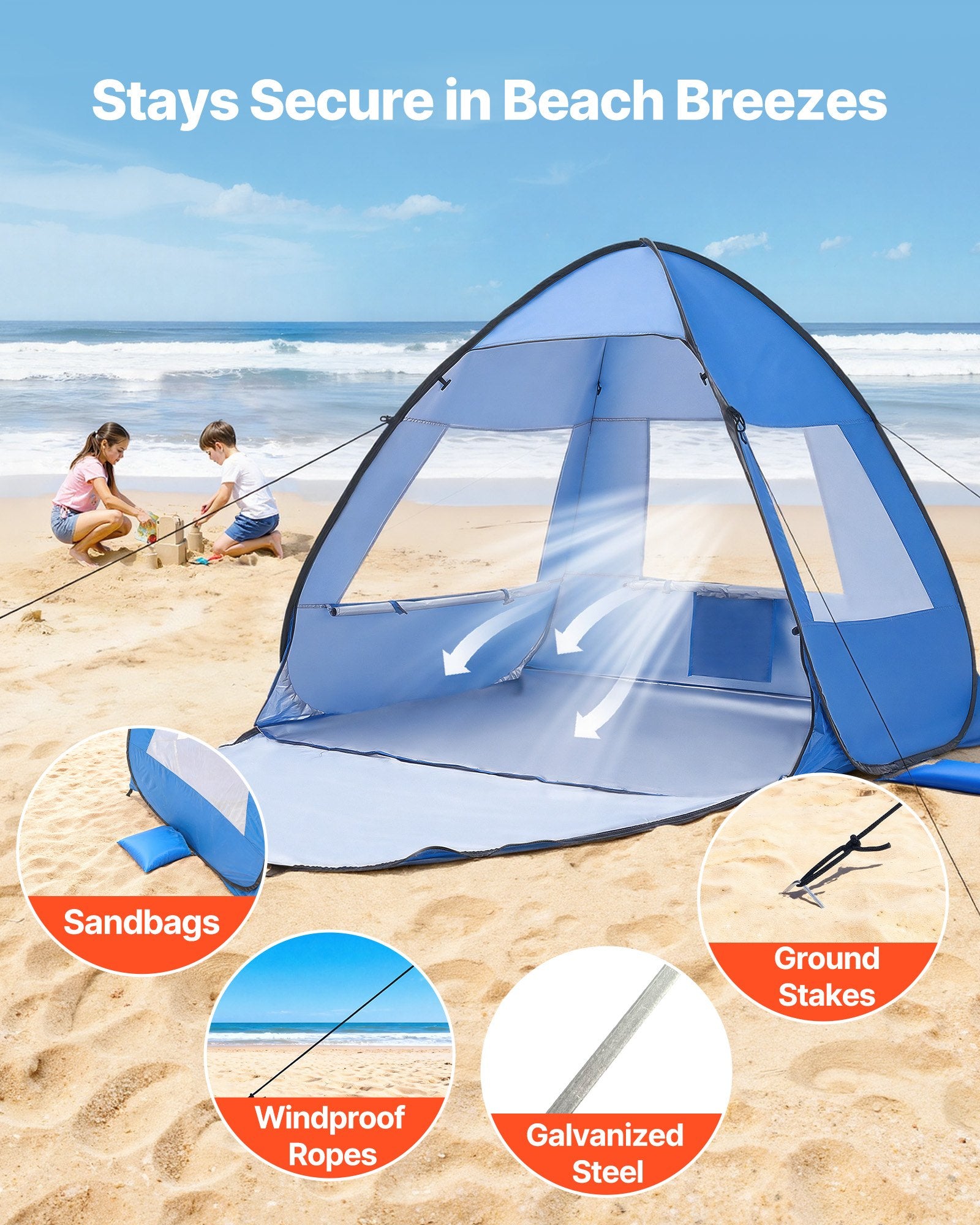 2-Person UPF 50+ Pop-Up Beach Tent with Carry Bag & Sand Pockets – feature detail view