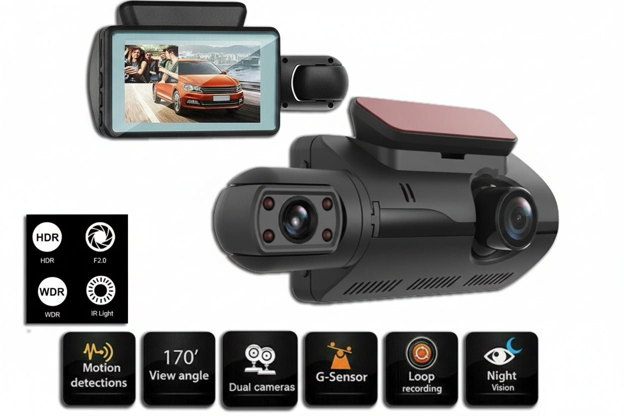 Dash Cam with features listed on a white background
