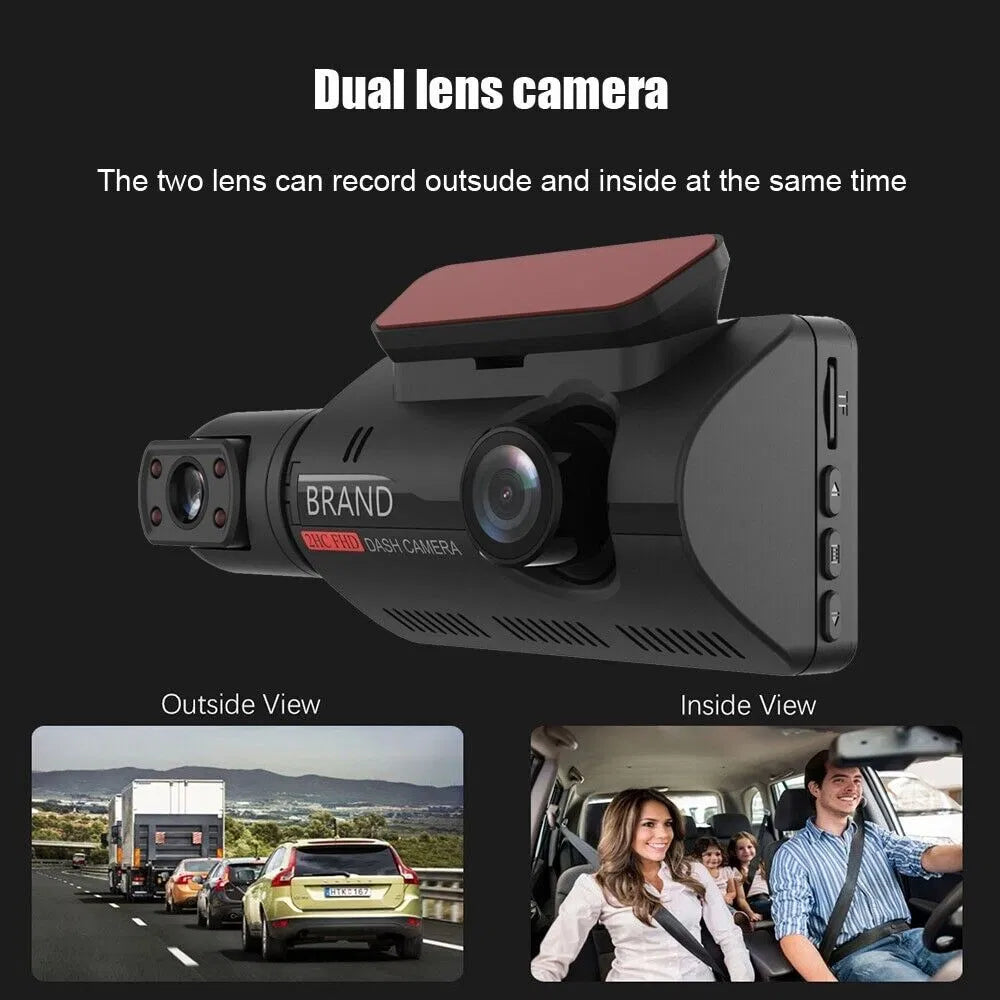 Car dashboard camera with dual lenses showing outside and inside views on a black background.
