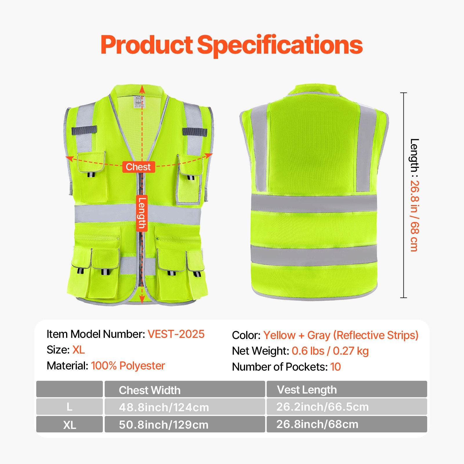 High Visibility Reflective Safety Vest with 10 Pockets – alternate product view