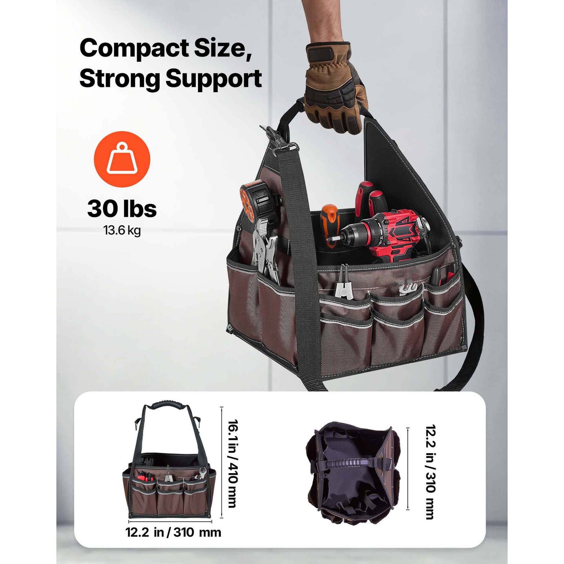 13" 45-Pocket Open-Top Tool Tote with Shoulder Strap – product detail view
