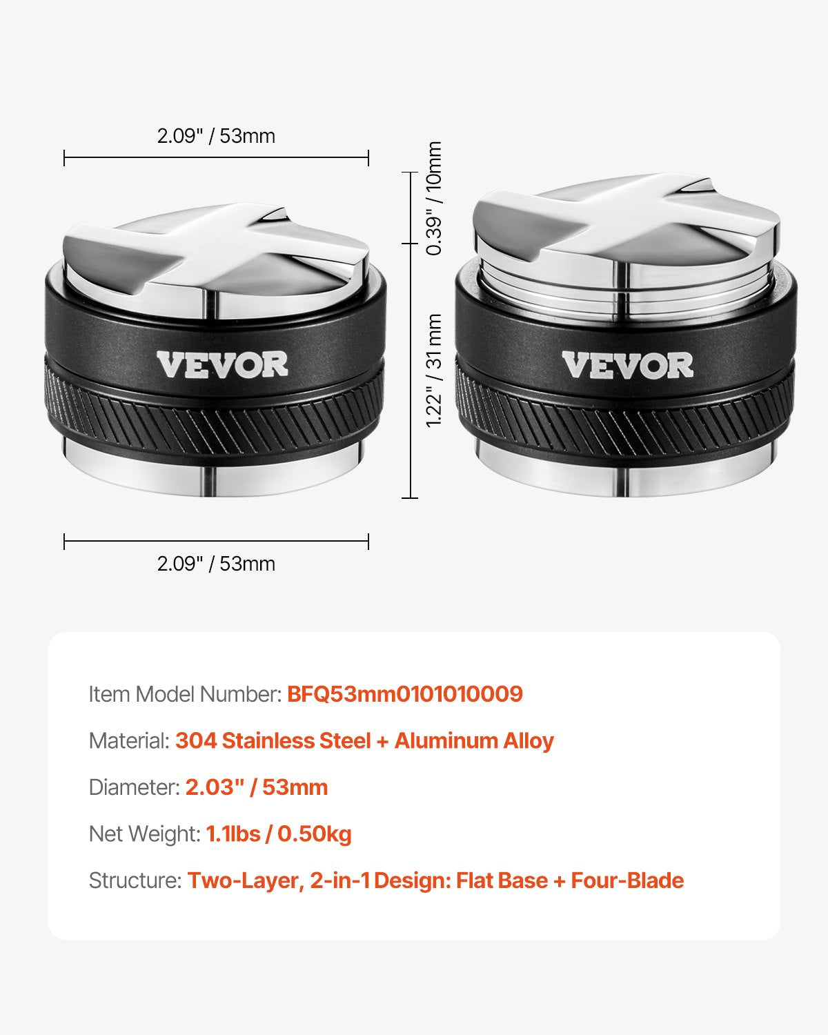 53mm Adjustable Espresso Distributor 2-in-1 – product detail view