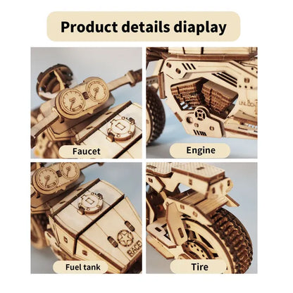 3D Wooden Motorcycle Puzzle Kit | DIY Model Building Craft – feature detail view