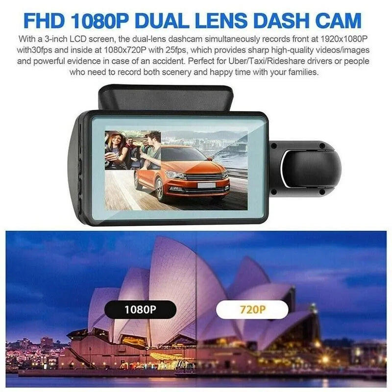 Dual lens dash cam with 3-inch LCD screen displaying a car and the Sydney Opera House.