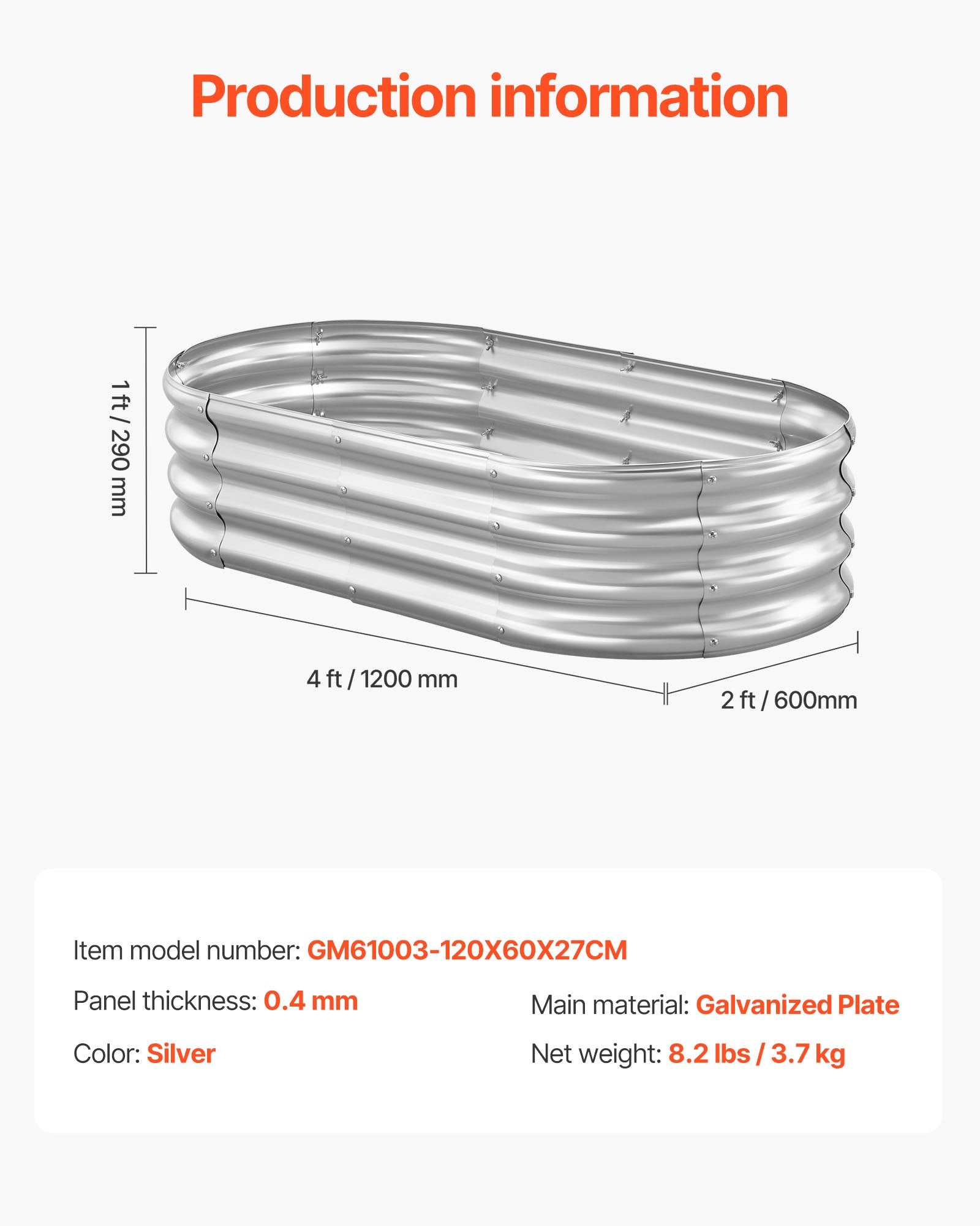 4 x 2 x 1 ft Galvanized Raised Garden Bed, Oval Open-Bottom Planter – main product view