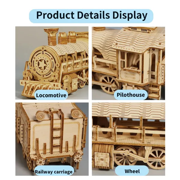 3D Wooden Train Puzzle Kit | Mechanical Model Brain Teaser – feature detail view