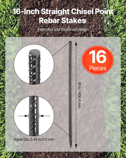 16" Galvanized Steel Rebar Stakes, 16-Pack Heavy-Duty Ground Anchors – dimensions and specifications