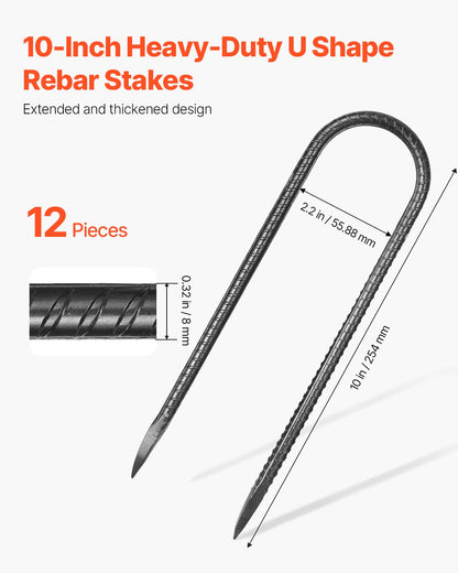 10" U-Shaped Galvanized Rebar Stakes, 12-Pack Ground Anchors – alternate product view