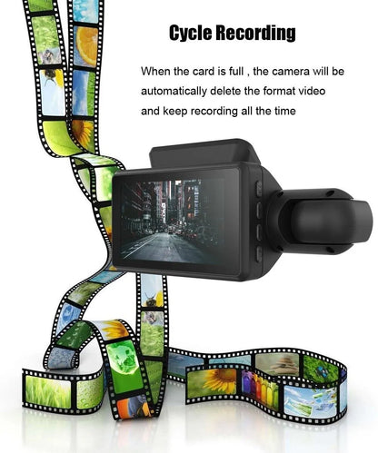 Car dashboard camera with film strip design on a white background