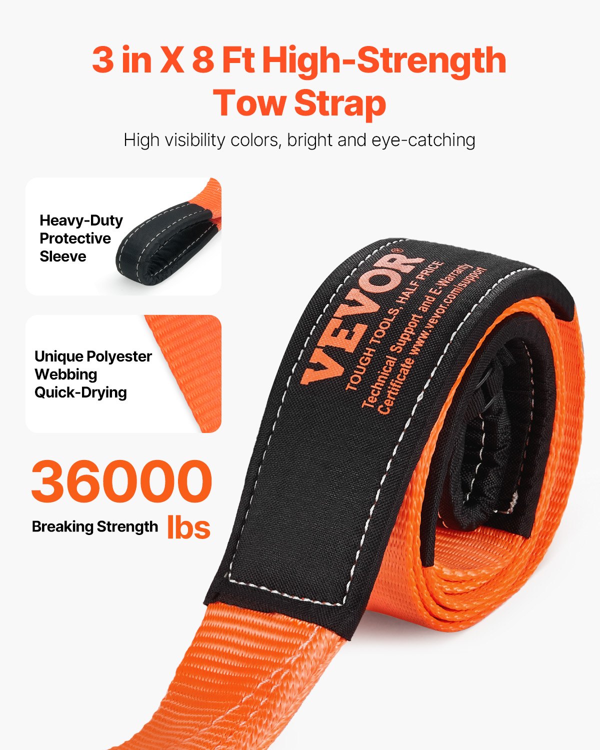 36,000 lb Heavy-Duty Tow Strap, 8 ft Emergency Recovery Rope – alternate product view