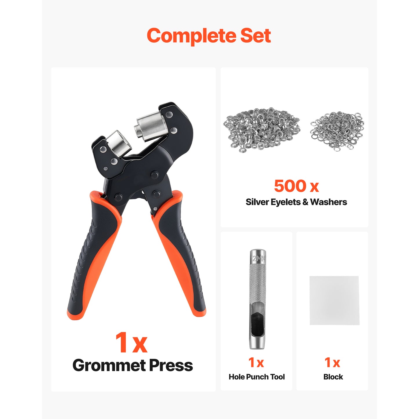 1/2" Grommet Tool Kit with 500 Silver Eyelets, Pliers & Hole Punch – product detail view