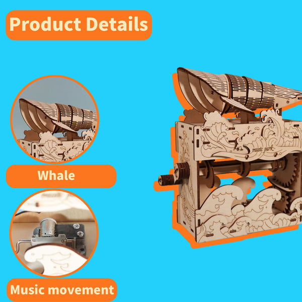 3D Wooden Whale Music Box Puzzle | DIY Assembly Model Kit – product detail view