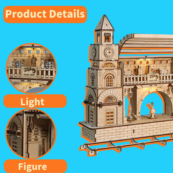 3D Wooden Railway Station Puzzle Kit | DIY Model Building Craft – feature detail view