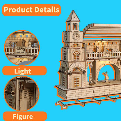 3D Wooden Railway Station Puzzle Kit | DIY Model Building Craft – feature detail view