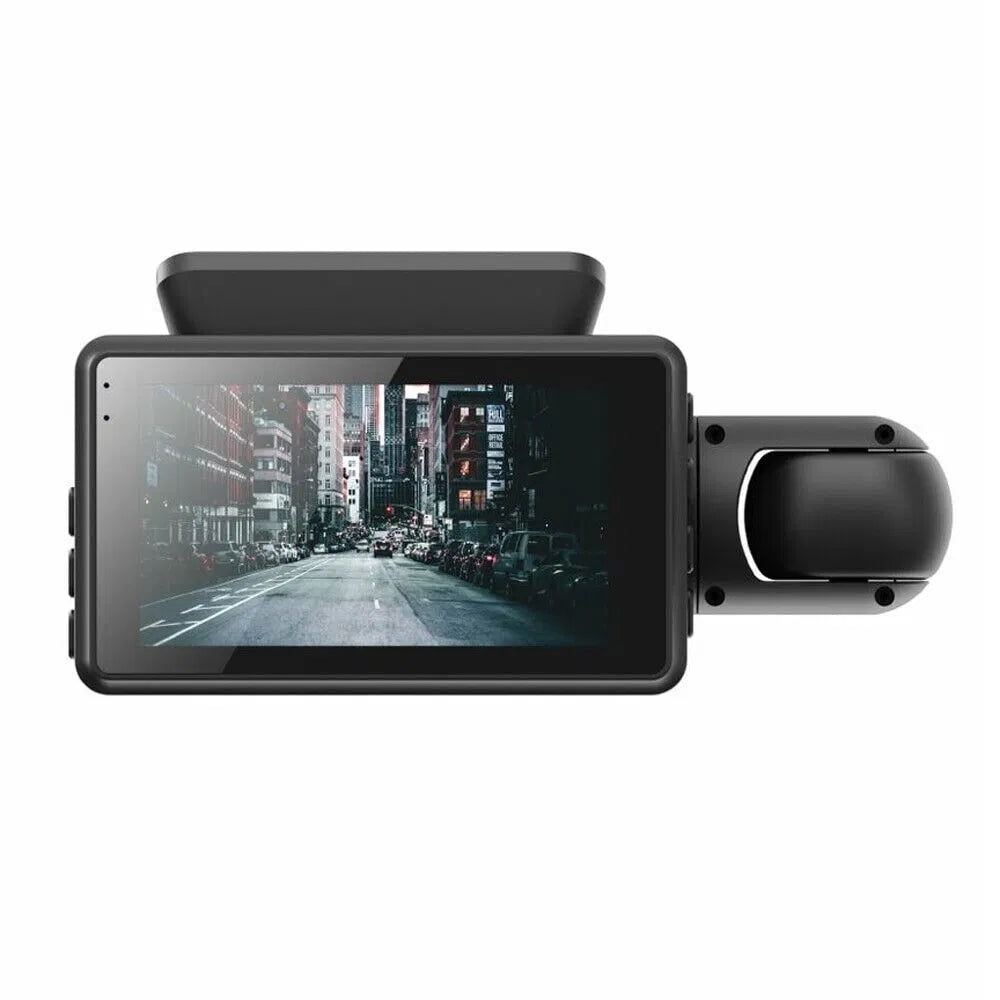 Car dashboard camera displaying a city street on its screen.