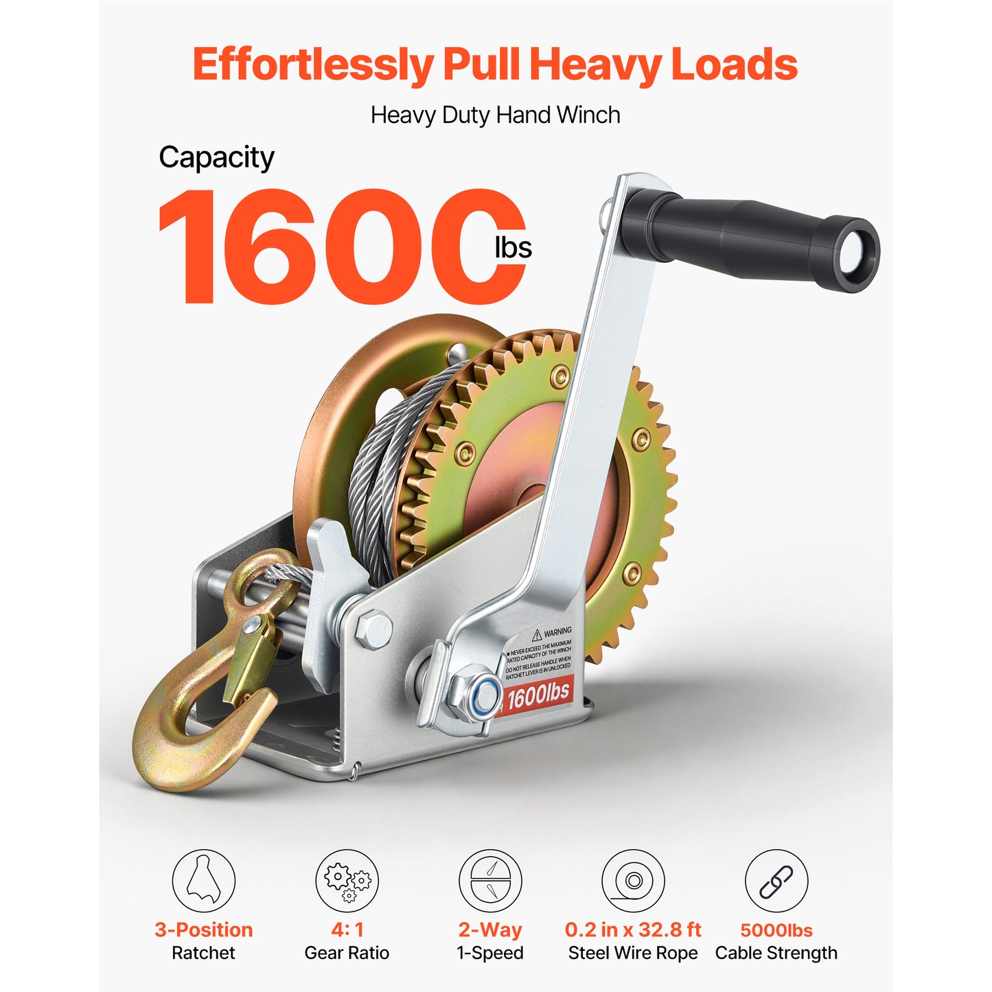 1600 lb Manual Boat Winch with 32.8 ft Steel Cable & Two-Way Ratchet – alternate product view