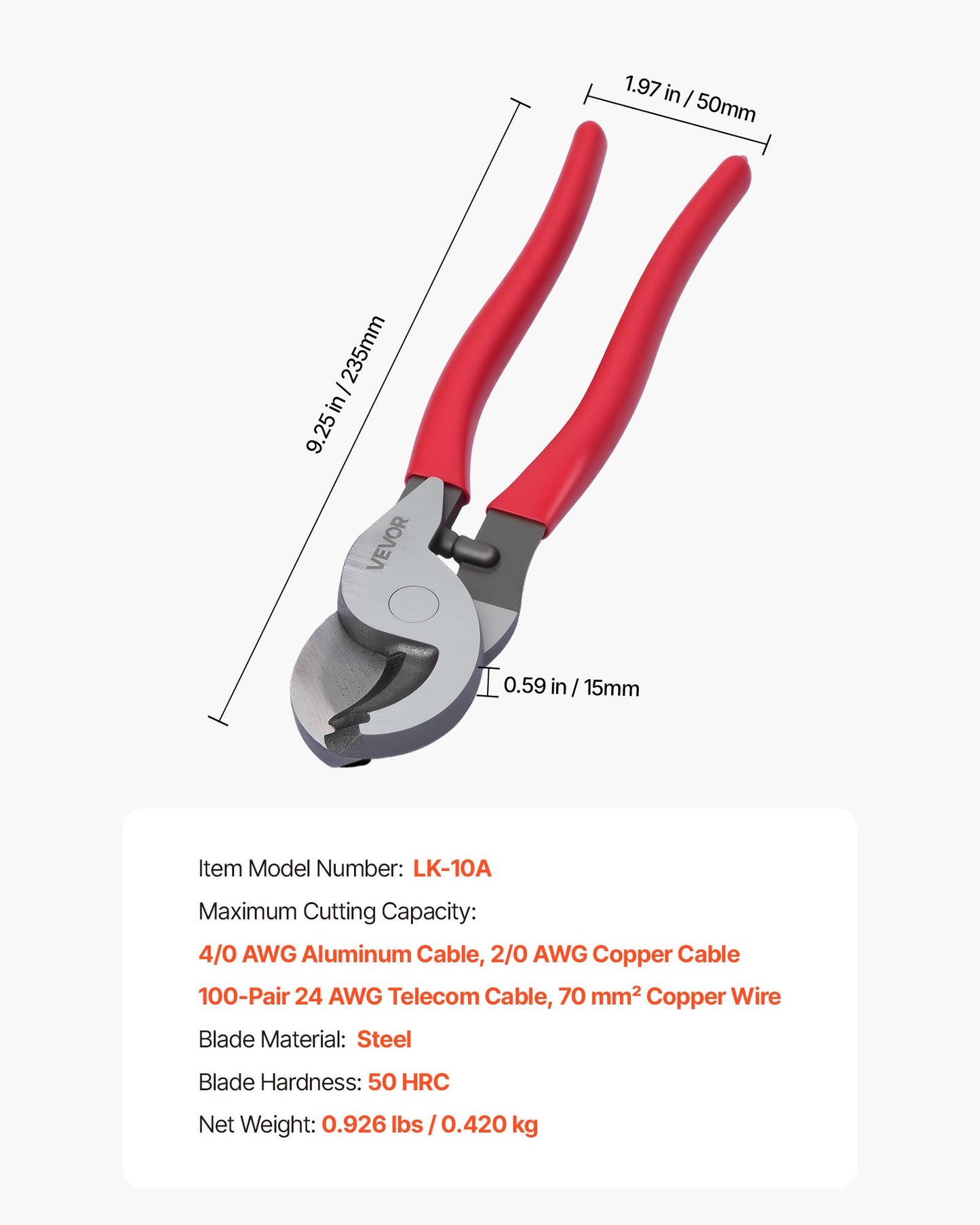 9-1/4" High-Leverage Cable Cutter for Copper & Aluminum Wire – dimensions and specifications