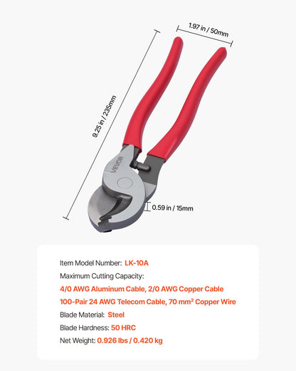 9-1/4" High-Leverage Cable Cutter for Copper & Aluminum Wire – dimensions and specifications