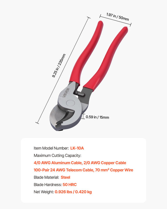 9-1/4" High-Leverage Cable Cutter for Copper & Aluminum Wire – dimensions and specifications