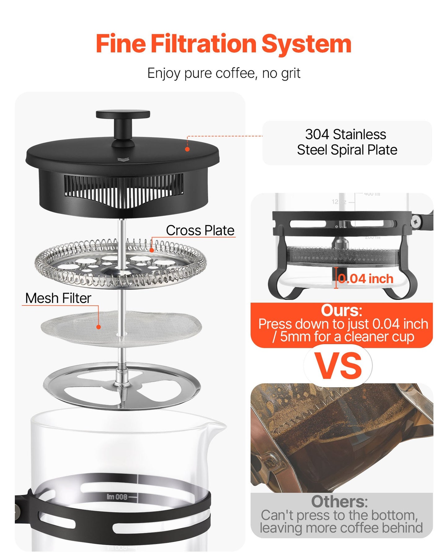 34 oz Borosilicate Glass French Press Coffee Maker, Silver – product detail view