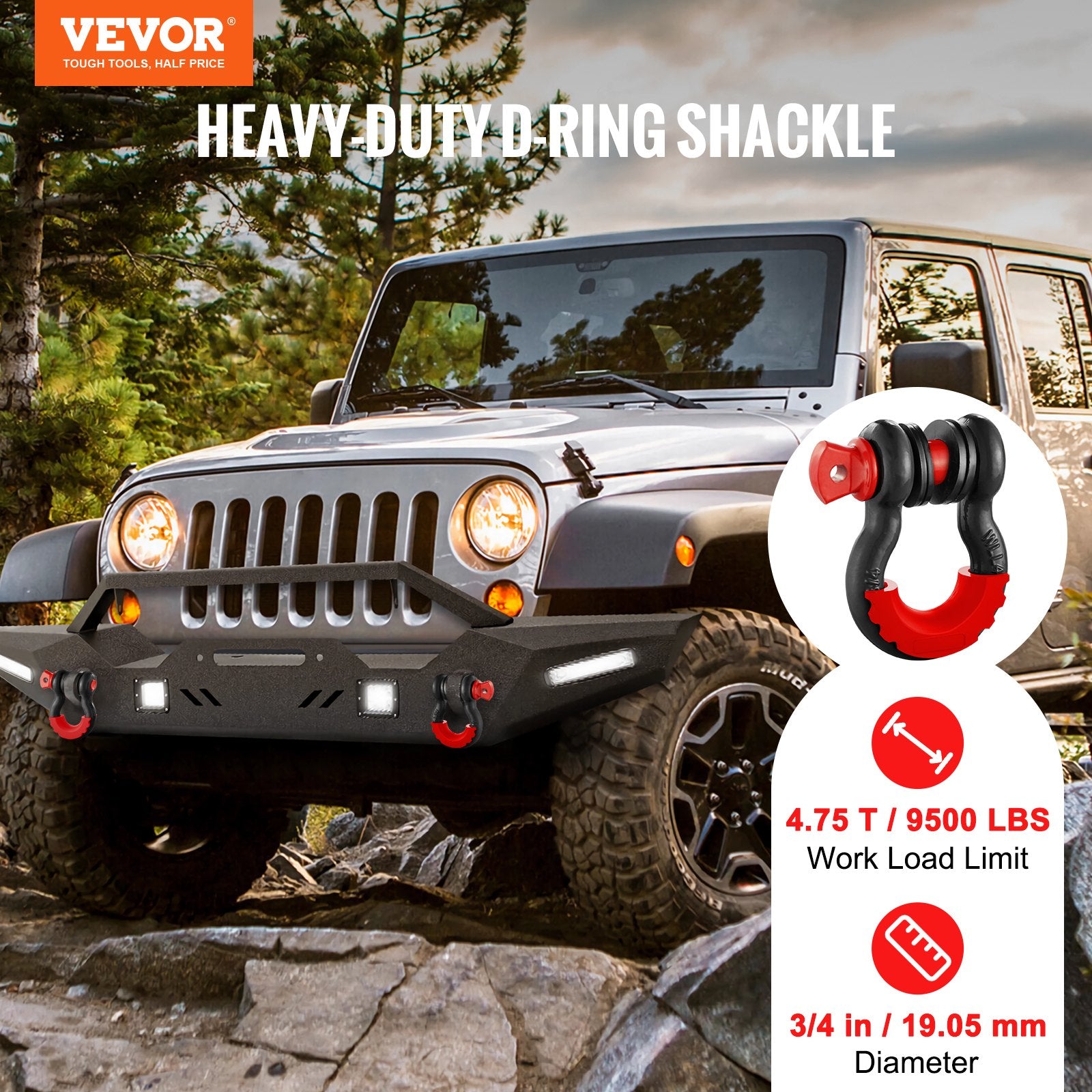 3/4" D-Ring Recovery Shackles 2-Pack, 28.5-Ton Break Strength, Black – alternate product view