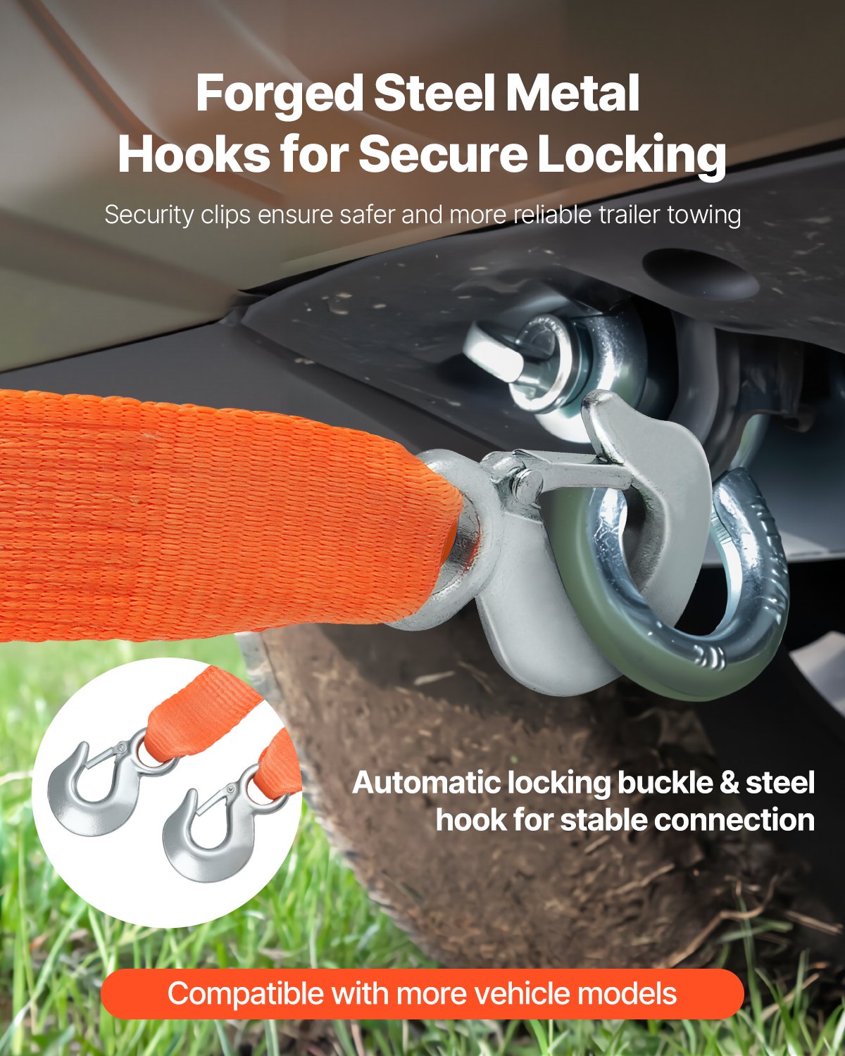 17,000 lb Heavy-Duty Tow Strap with Hooks, 20 ft – feature detail view