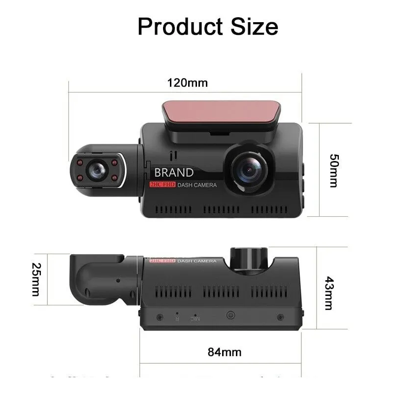 Car dashboard camera with dimensions labeled on a white background