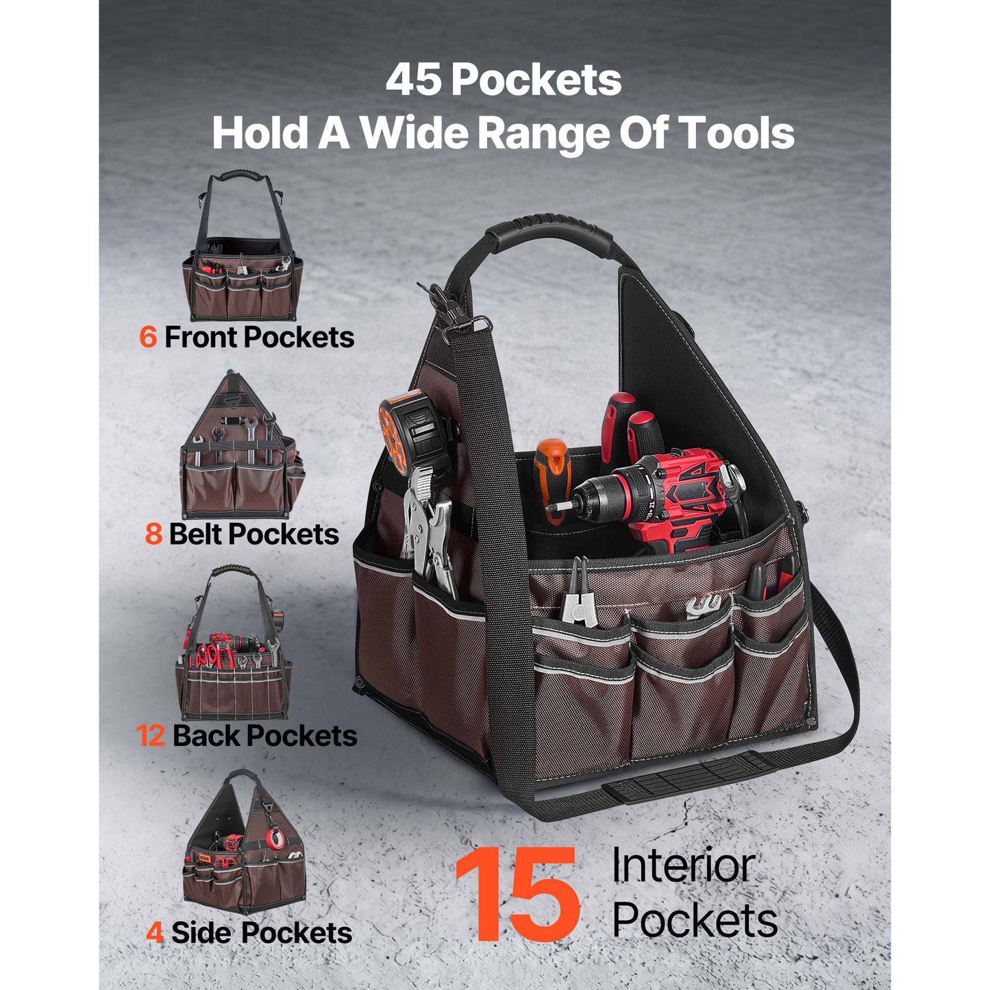 13" 45-Pocket Open-Top Tool Tote with Shoulder Strap – alternate product view