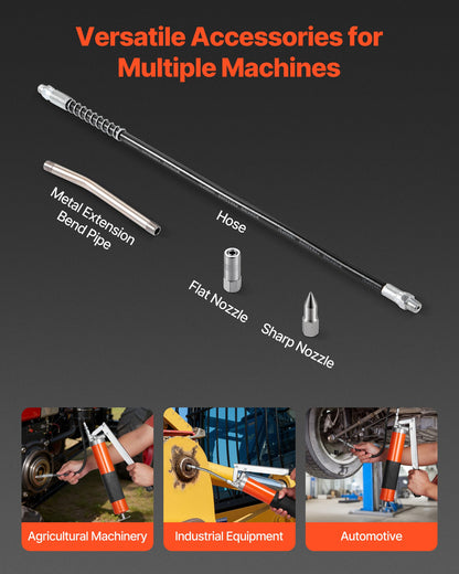 10,000 PSI 14 oz Pistol-Grip Grease Gun Kit with Flex Hose & Nozzles – feature detail view