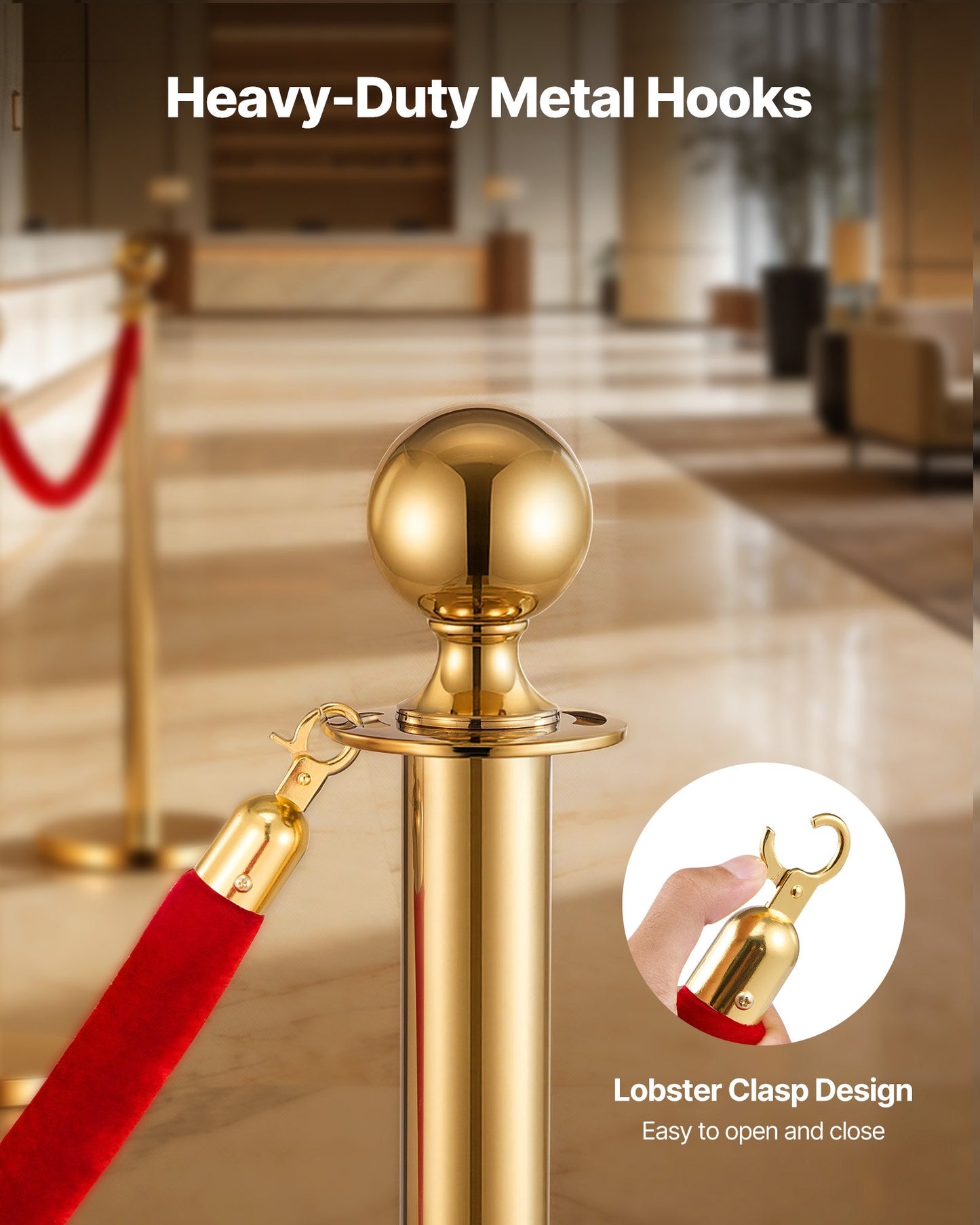 5 ft Red Velvet Stanchion Ropes with Gold Hooks, 4-Pack – product detail view