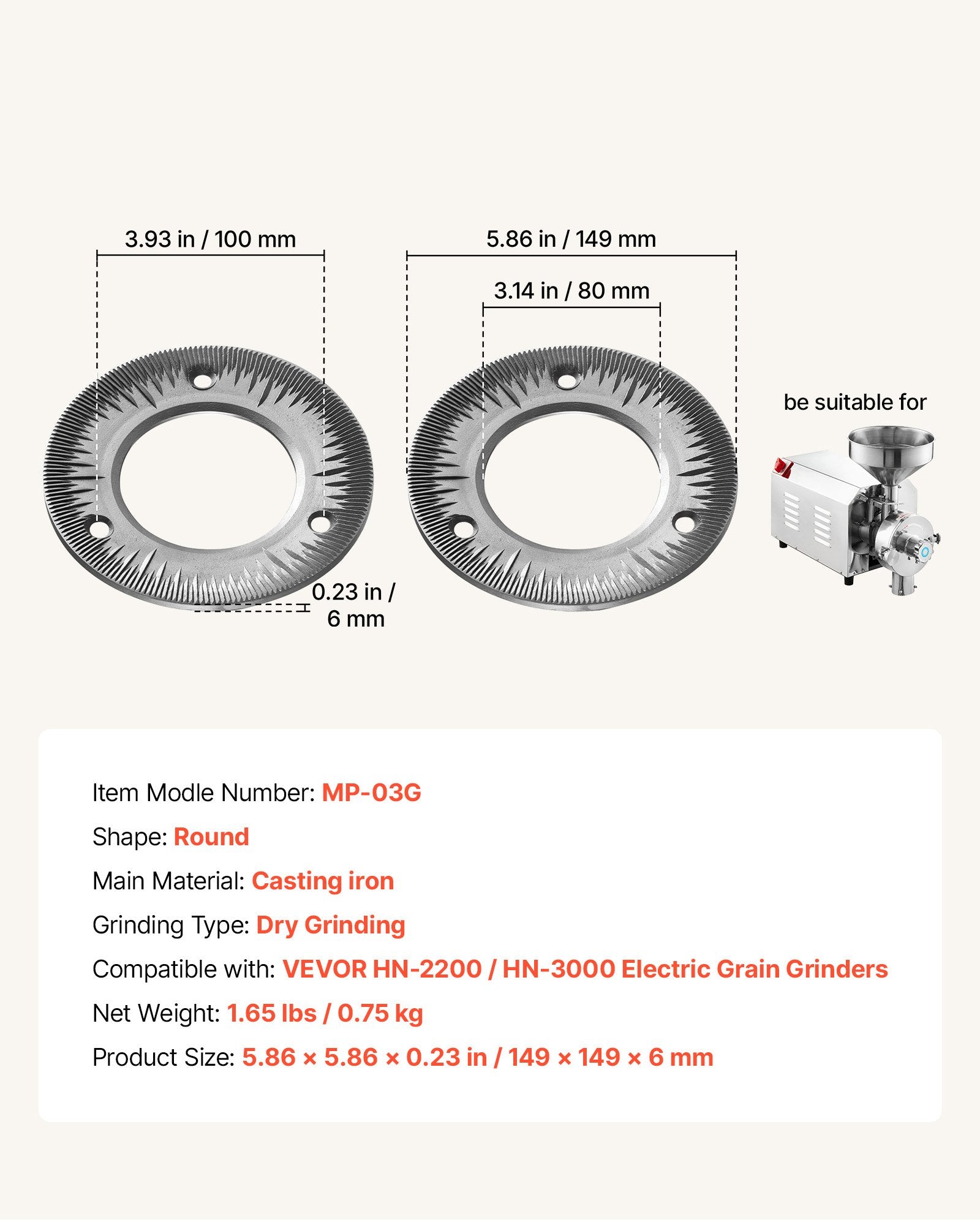 Cast Iron Grinding Plates 2-Pack for HN-2200/HN-3000 Grain Mills – main product view