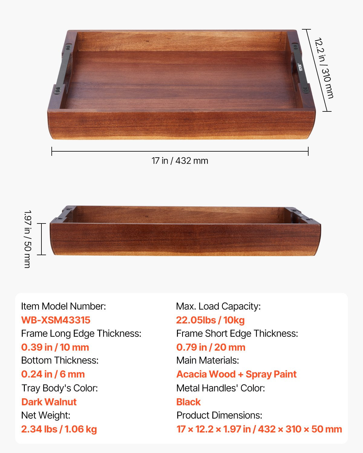 Acacia Wood Serving Tray 17 x 12.2 in with Handles – alternate product view