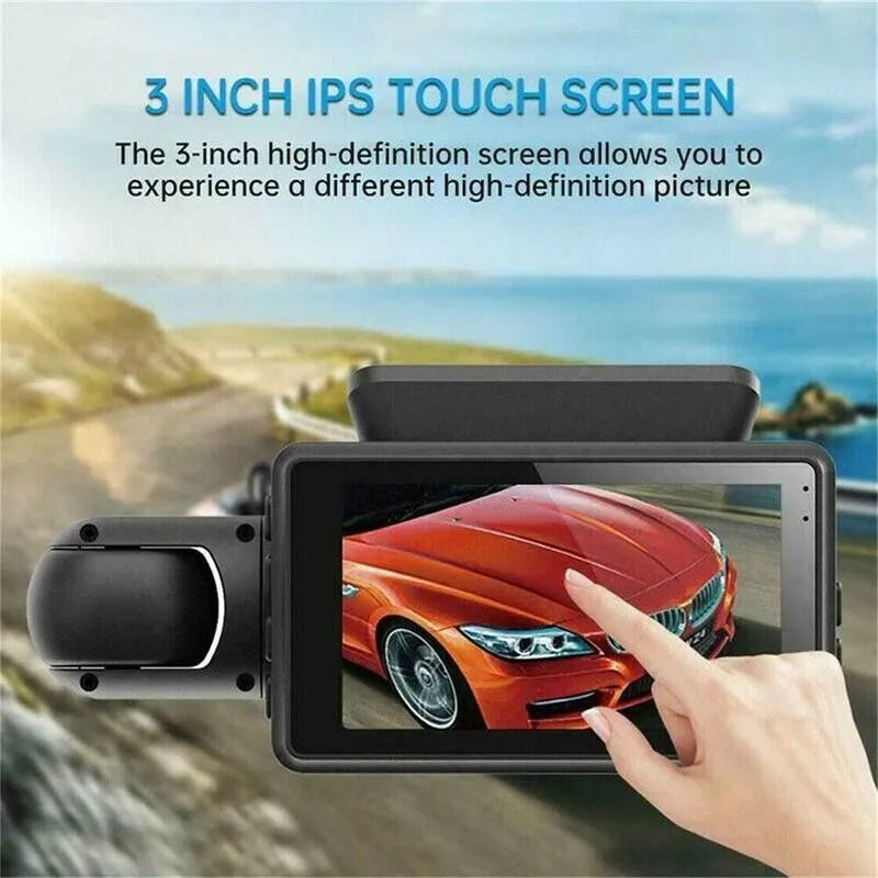 3-inch IPS touch screen display with a car on the screen, outdoors.