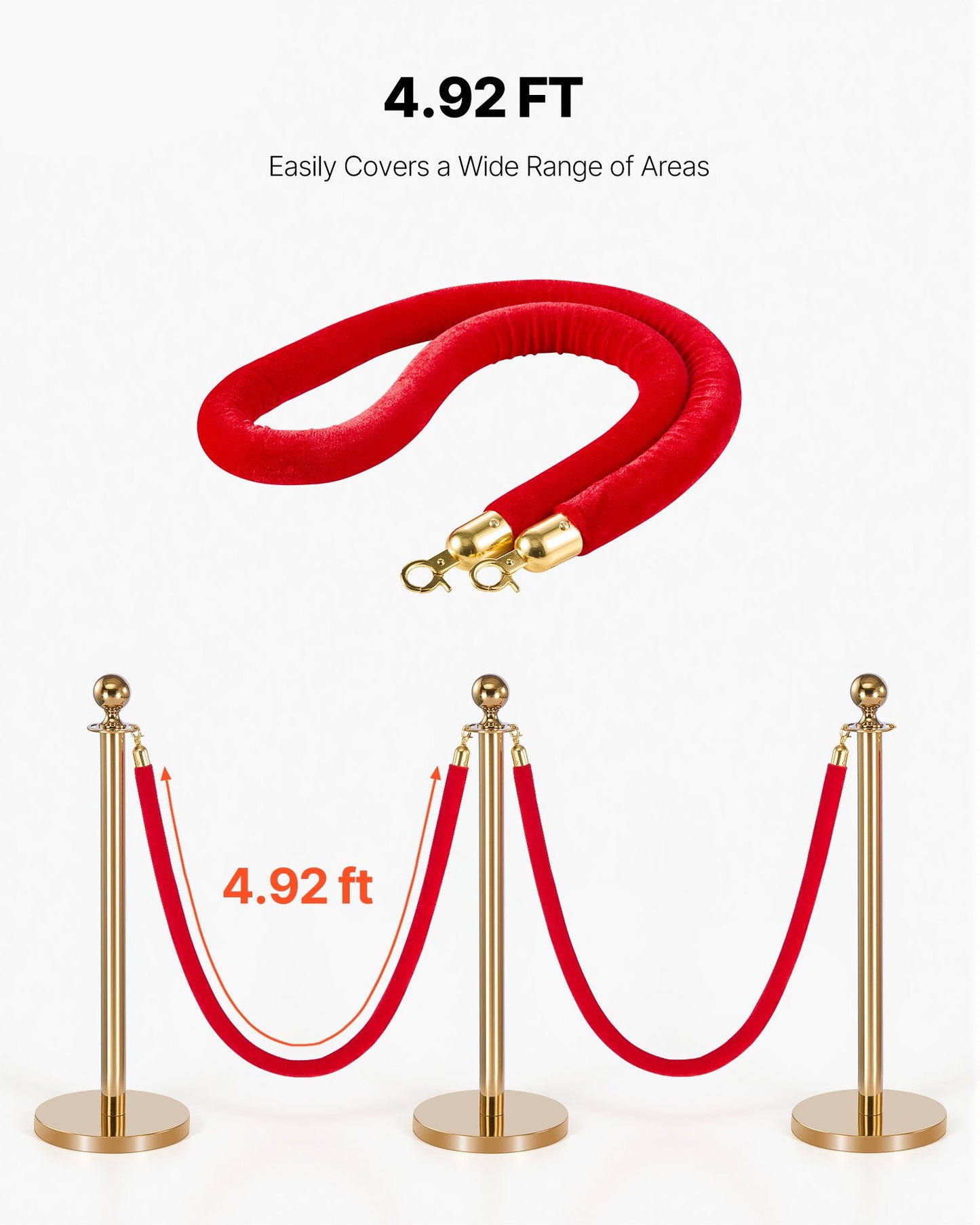 5 ft Red Velvet Stanchion Ropes with Gold Hooks, 4-Pack – additional product view