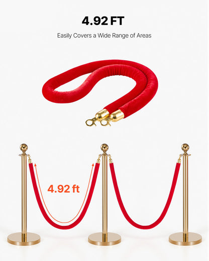 5 ft Red Velvet Stanchion Ropes with Gold Hooks, 4-Pack – additional product view