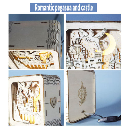 3D Wooden Pegasus Castle Puzzle with Night Light | DIY Model – feature detail view